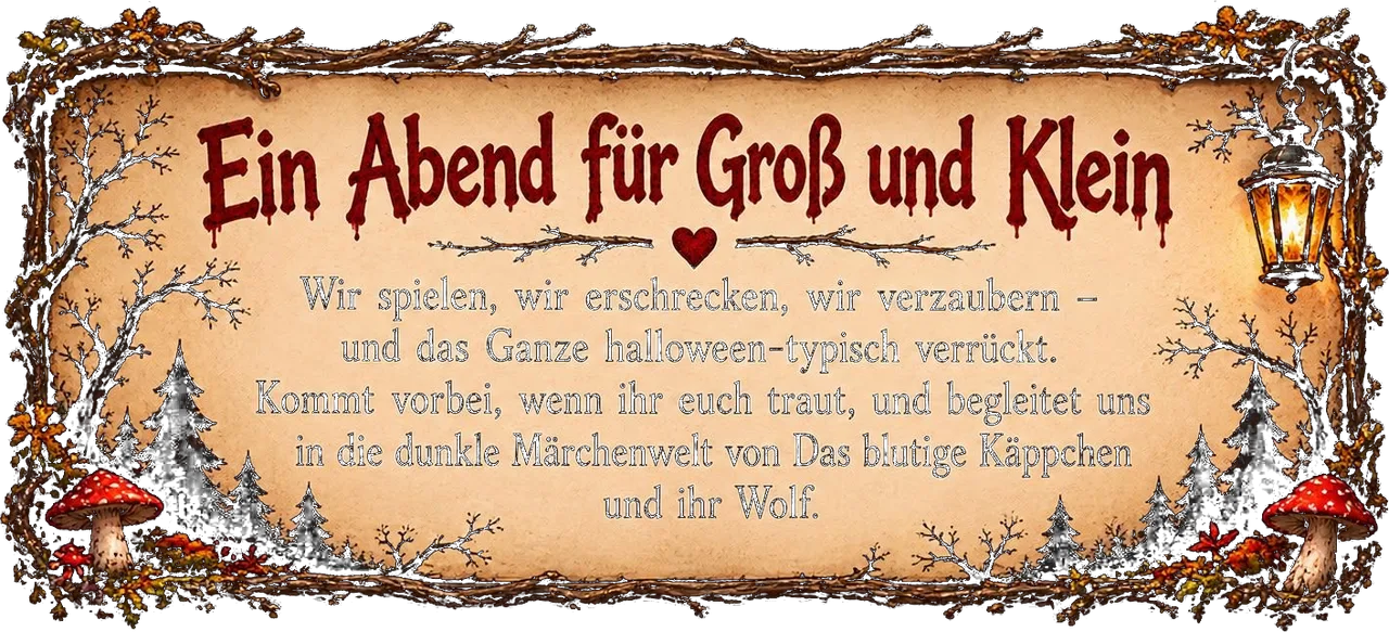Ein Abend für Groß und Klein. Wir spielen, wir erschrecken, wir verzaubern – und das Ganze halloween-typisch verrückt. Kommt vorbei, wenn ihr euch traut, und begleitet uns in die dunkle Märchenwelt von Das blutige Käppchen und ihr Wolf.