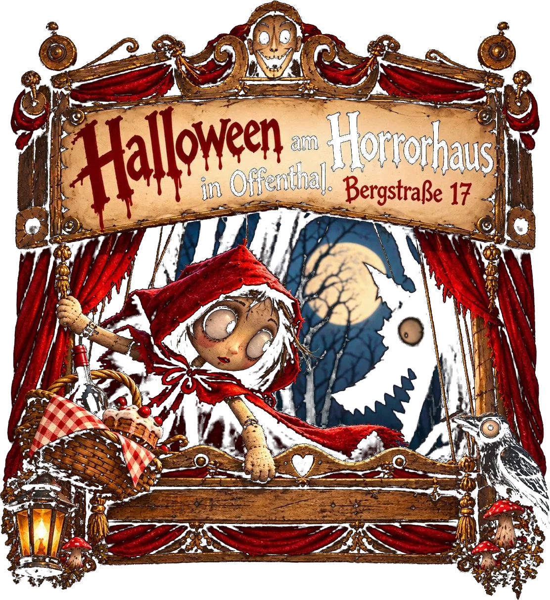 Puppenbühne mit dem blutigen Käppchen und dem Wolf. Halloween am Horrorhaus in Offenthal, Bergstraße 17