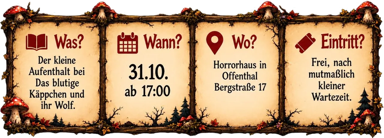 Was? Der kleine Aufenthalt bei Das blutige Käppchen und ihr Wolf. Wann? 31.10. ab 17:00. Wo? Horrorhaus in Offenthal, Bergstraße 17. Eintritt? Frei, nach mutmaßlich kleiner Wartezeit.